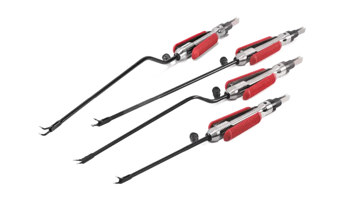 Four Calvian endo-pen® bipolar forceps with black shaft and red grip area against a white background.