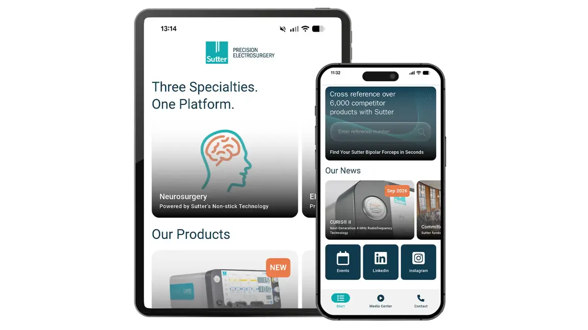 Sutter app displayed on smartphone and tablet with products, news, and digital service features.