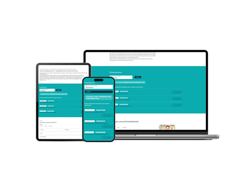 Darstellung einer Webseite mit Formularfeldern auf Tablet, Smartphone und Laptop – identische Ansicht mit Eingabefeldern für Produktname, Kategorie, Preis und einem „SUBMIT“-Button